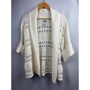 Chicos Womens Open Weave Cardigan Sweater Size XL 100% Cotton Ribbed Shawl Colla